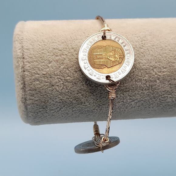 Egyptian One Pound Coin Bangle Bracelet, Three Coins, Wire Wrapped, 7.5 Inches - Picture 8 of 10